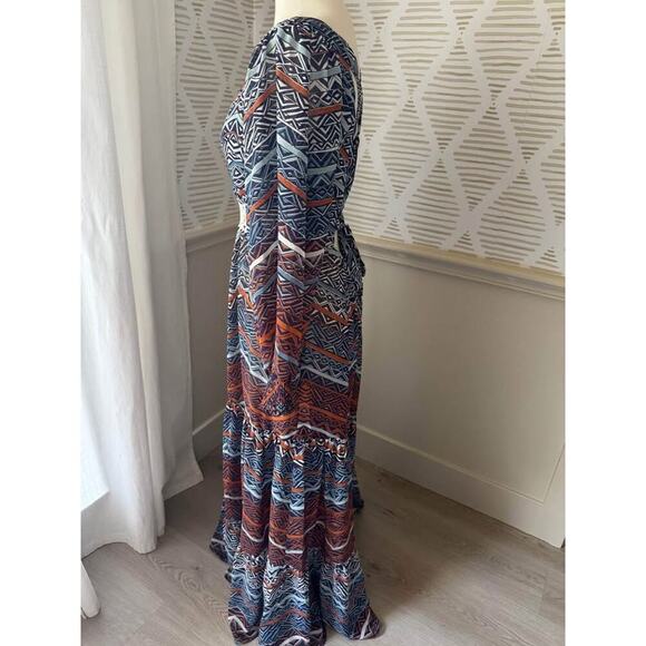 Venus Size 8 Medium Blue Rust Boho Balloon Sleeve Chiffon Tiered Maxi Dress - Picture 4 of 8